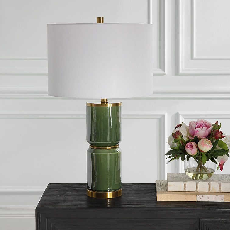 Dark Green Iron Table Lamp with White Linen Shade