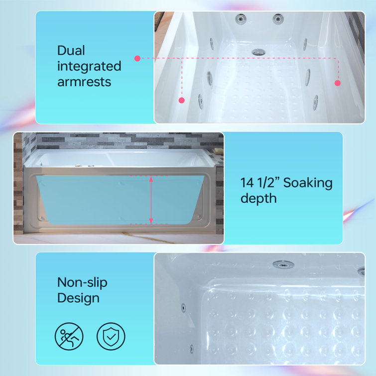 60'' White Freestanding Heated Acrylic Whirlpool Bathtub