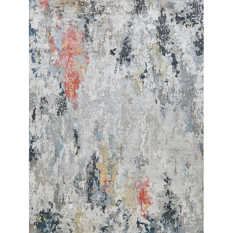 Handmade Tufted Abstract Red and Gray Viscose Rug, 8' x 10'