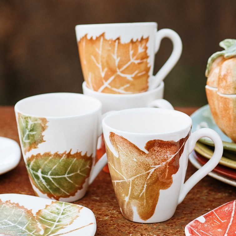 Hand Painted Ceramic Fall Leaves Mug Set, 14oz, White