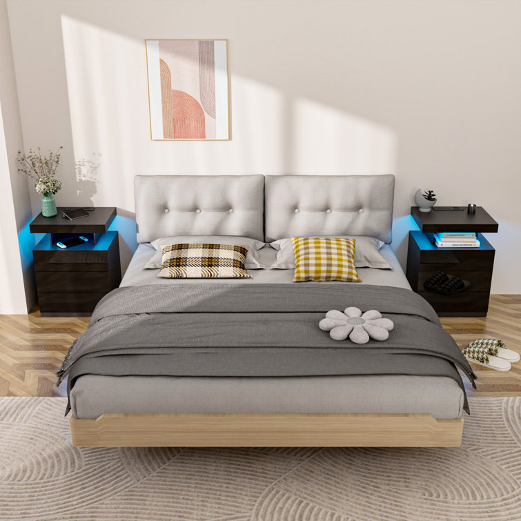 Black High Gloss LED Nightstand with Wireless Charging Station and Drawers