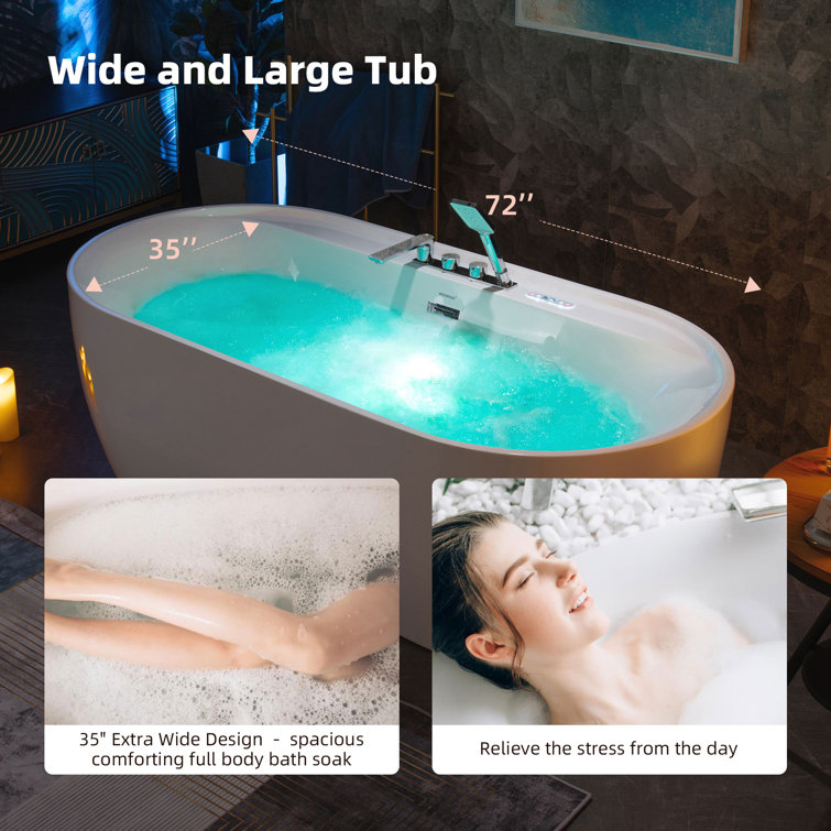 72'' White Acrylic Freestanding Heated Whirlpool Tub