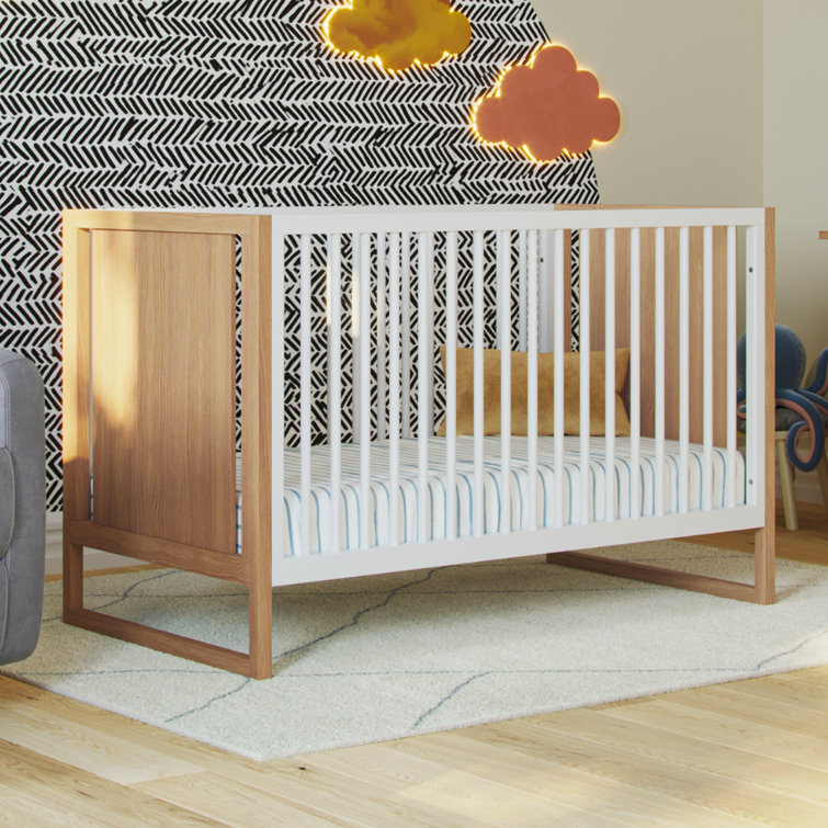 Natural Wood and White Convertible Baby Crib with Adjustable Heights