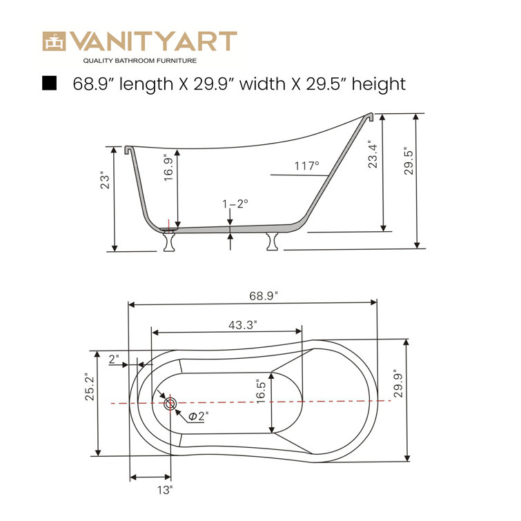 68.9" White Acrylic Clawfoot Freestanding Bathtub