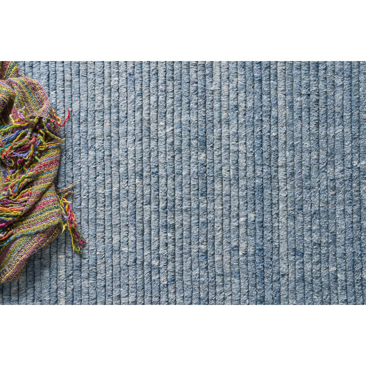Kaza Blue Hand-Knotted Wool 10' x 14' Striped Rug