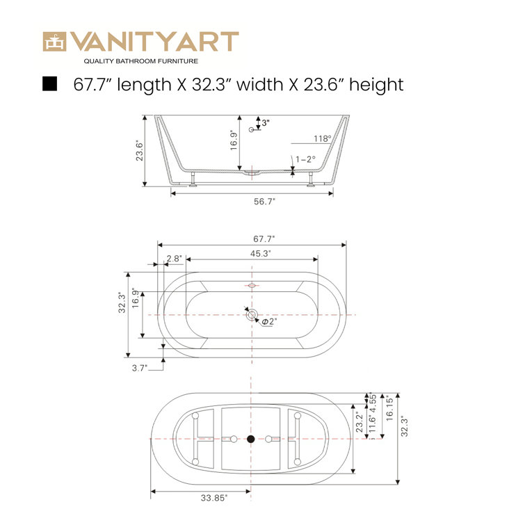 67.7" Black and White Acrylic Freestanding Bathtub