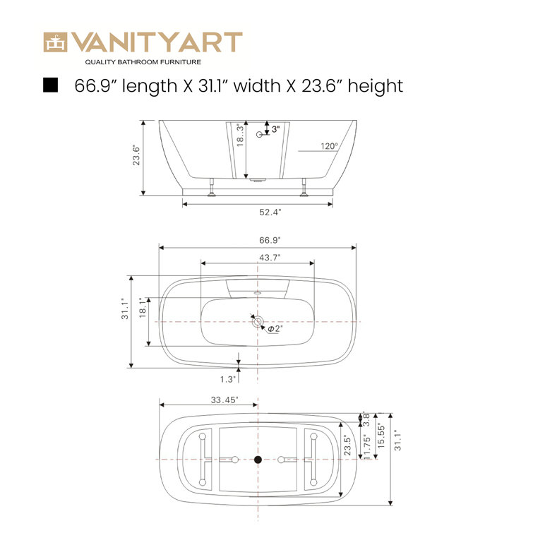 67" White Acrylic Freestanding Soaking Bathtub