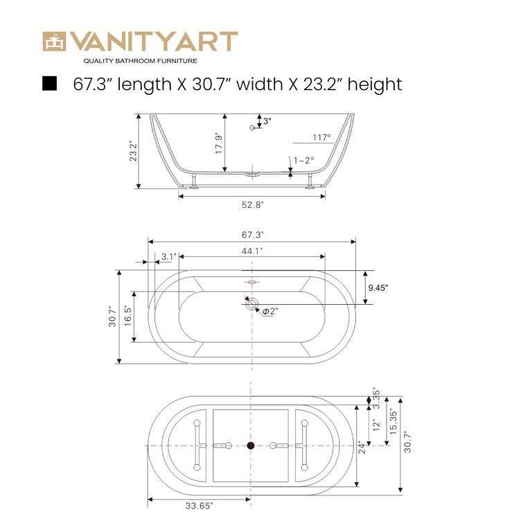 68" White Freestanding Acrylic Soaking Bathtub