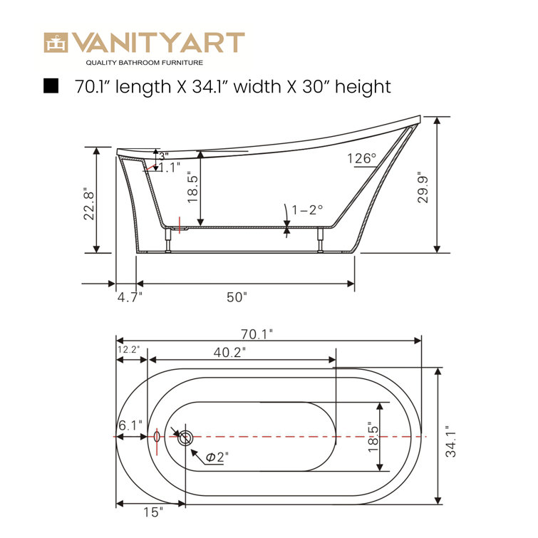 Vanity Art 70" White Acrylic Freestanding Soaking Bathtub