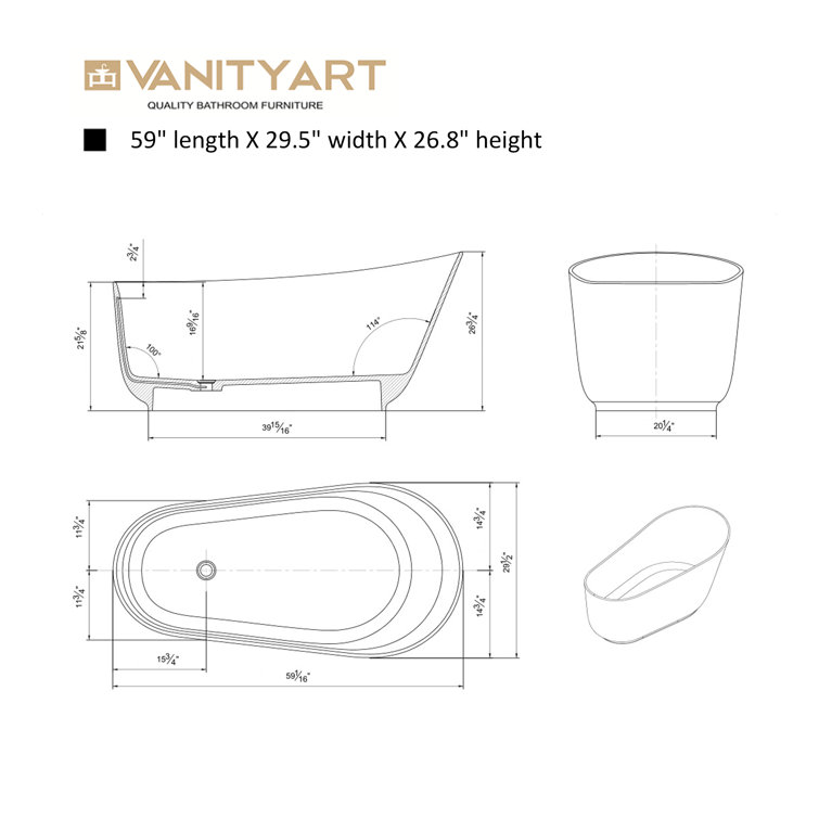 59'' White Solid Surface Freestanding Soaking Bathtub