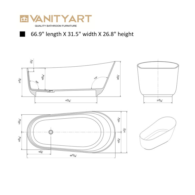 67'' Matte White Solid Surface Freestanding Bathtub