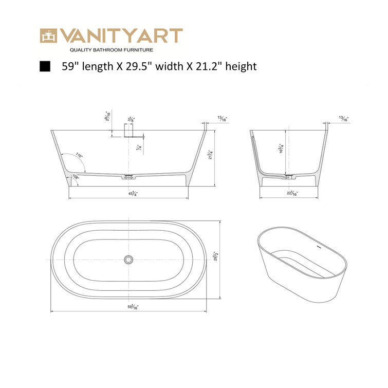 Glossy White 59'' Freestanding Solid Surface Bathtub