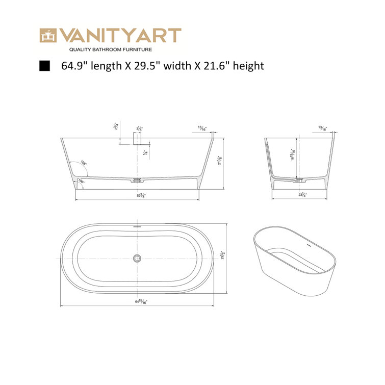 65" Glossy White Solid Surface Freestanding Bathtub
