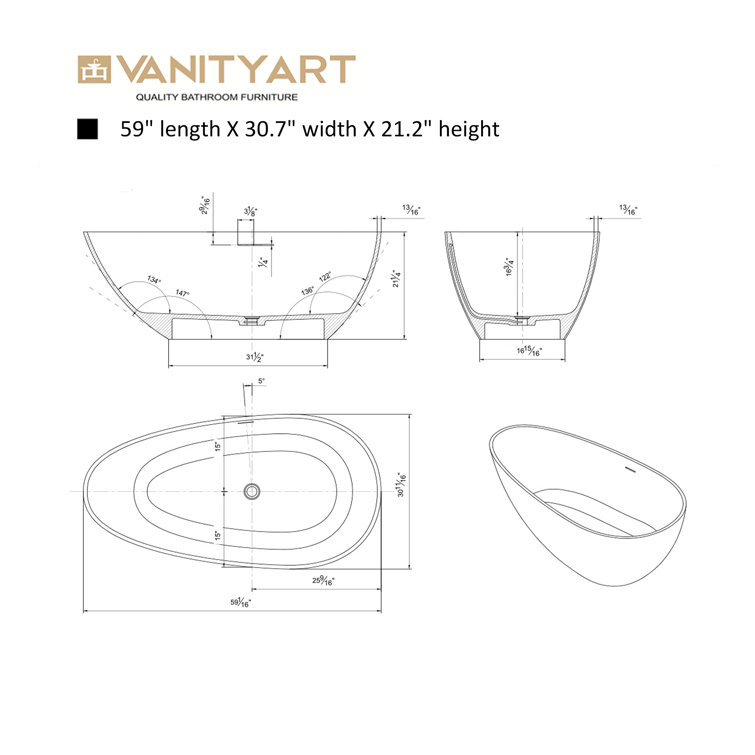 Matte White 59'' Freestanding Solid Surface Soaking Bathtub