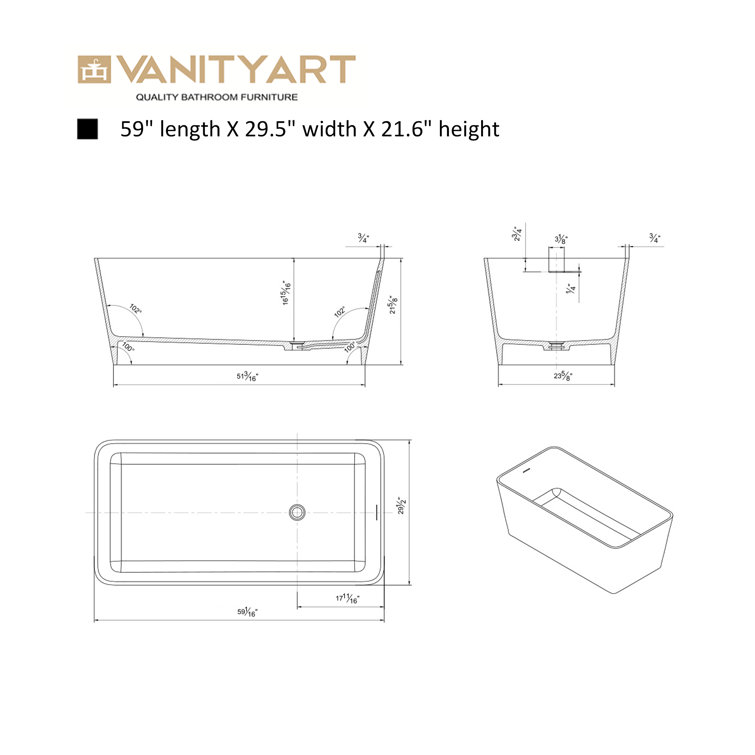 59'' x 30'' Matte White Solid Surface Freestanding Bathtub