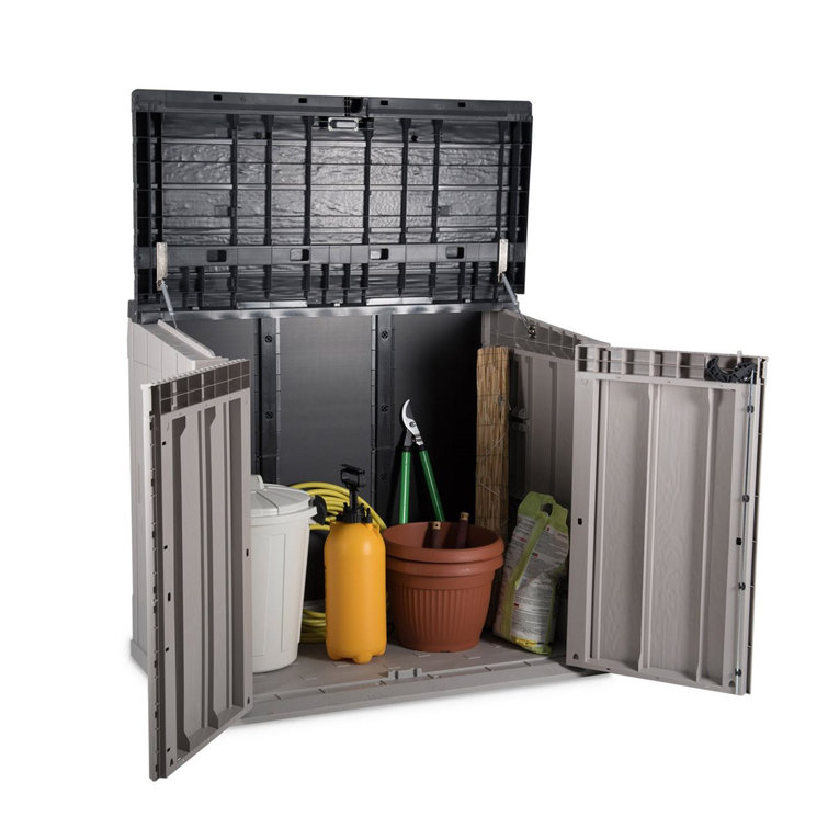 Taupe Gray and Brown Lockable Plastic Storage Shed with Wheels