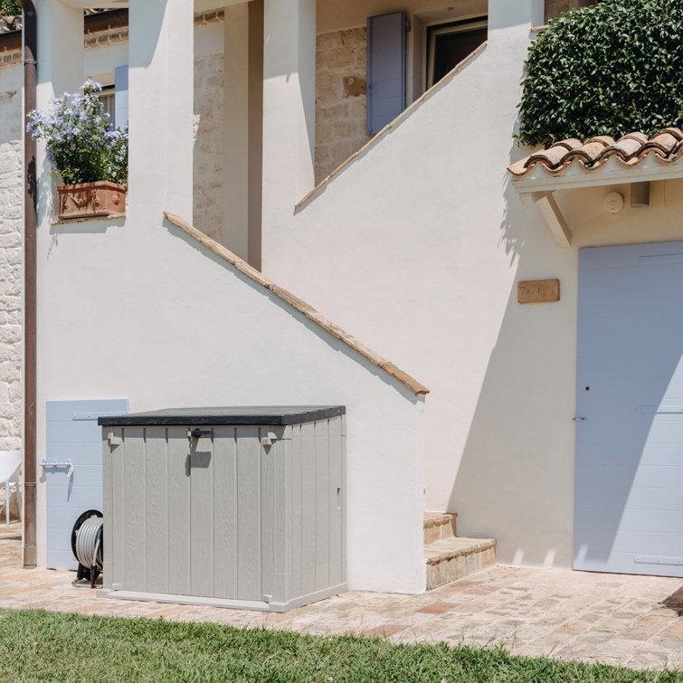Taupe Gray and Brown Lockable Plastic Storage Shed with Wheels