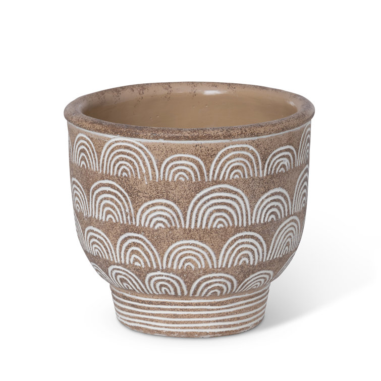 Rustic Brown and White Ceramic Round Pot Planter