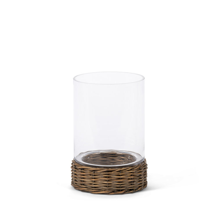 Large Clear Glass Hurricane with Woven Rattan Base