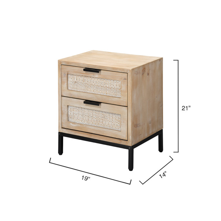 Modern Wood and Iron Side Table with Rattan Drawer Fronts