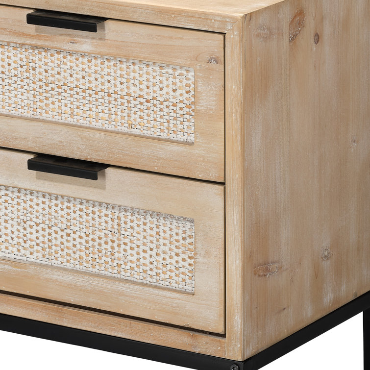 Modern Wood and Iron Side Table with Rattan Drawer Fronts