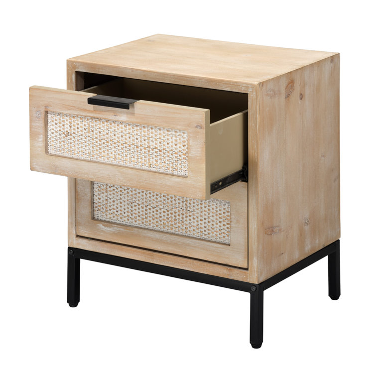 Modern Wood and Iron Side Table with Rattan Drawer Fronts