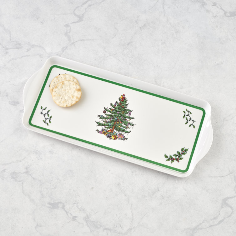 Festive Green-Banded Christmas Tree Melamine Sandwich Tray - 15.1 x 6.5 Inches