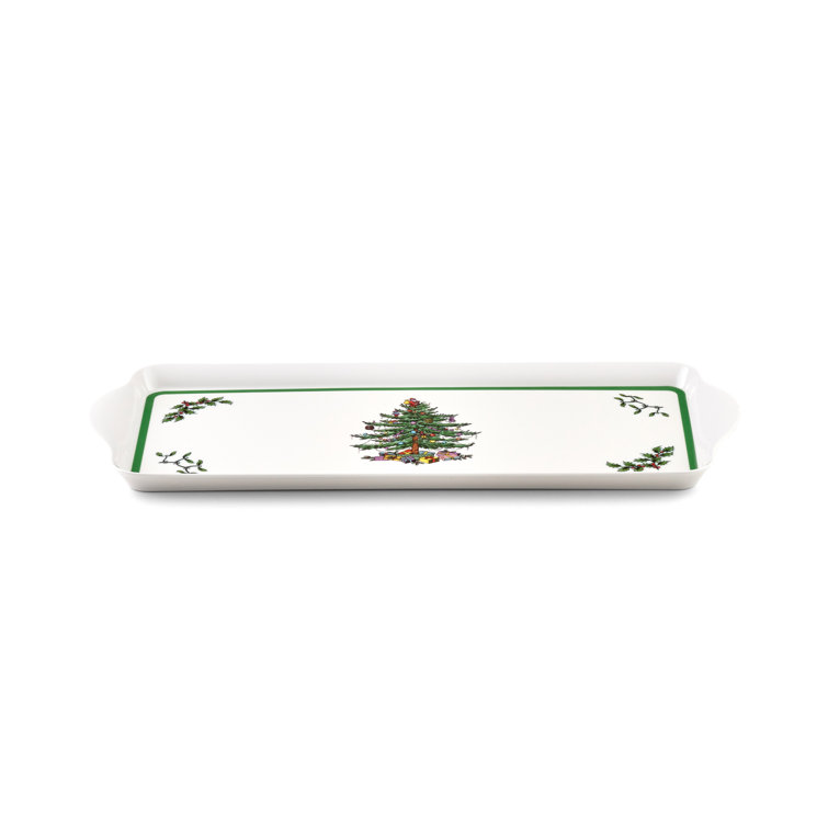Festive Green-Banded Christmas Tree Melamine Sandwich Tray - 15.1 x 6.5 Inches