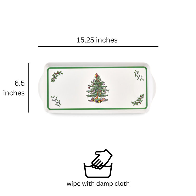 Festive Green-Banded Christmas Tree Melamine Sandwich Tray - 15.1 x 6.5 Inches