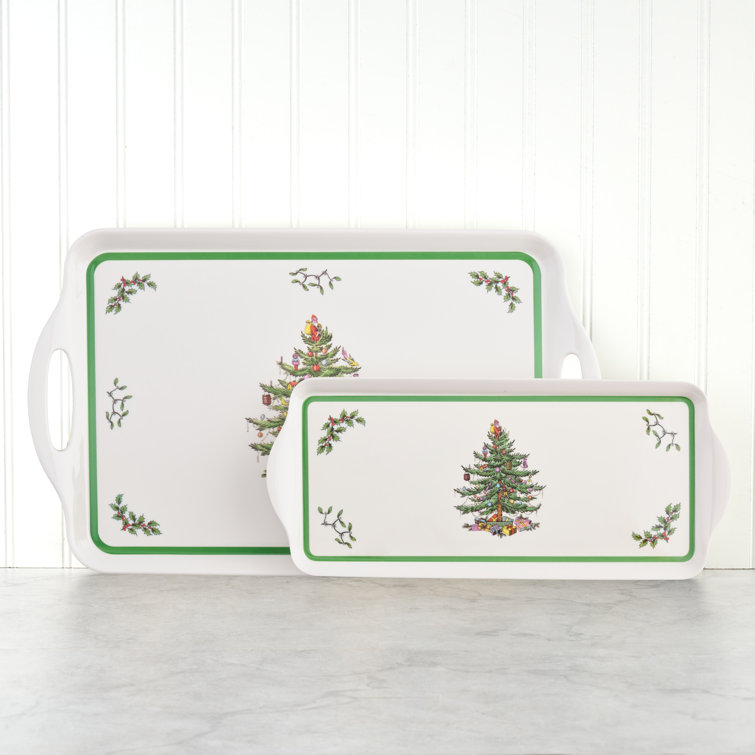 Festive Green-Banded Christmas Tree Melamine Sandwich Tray - 15.1 x 6.5 Inches