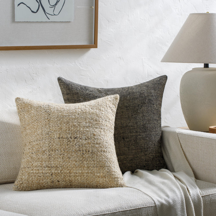 Bone Wool and Cotton Square Cottage Throw Pillow