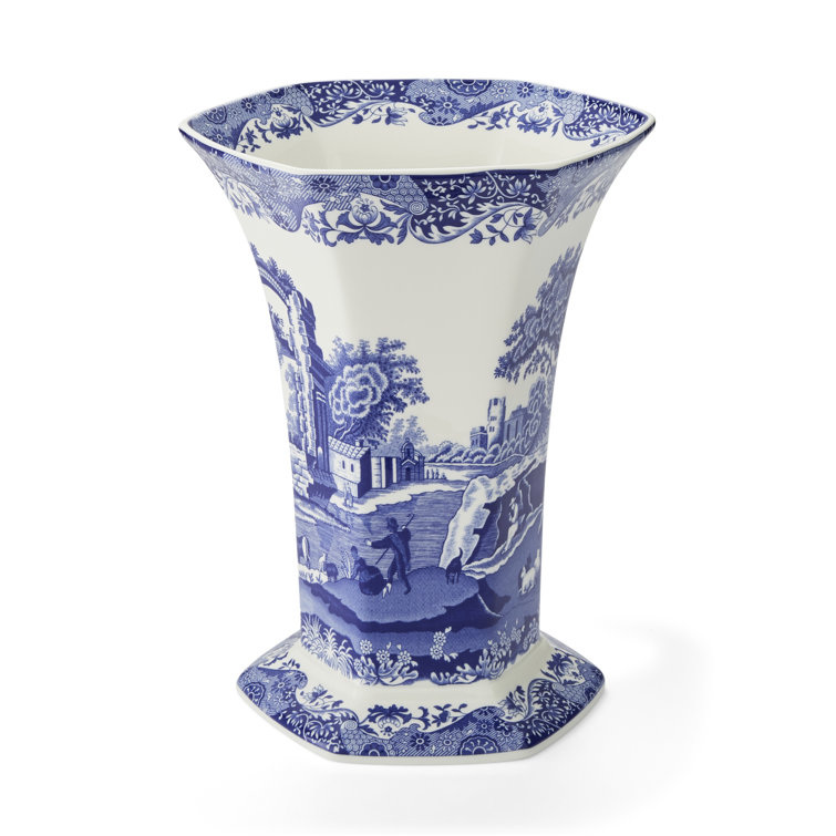 Hexagonal Blue Italian Porcelain Table Vase, 10" Geometric Design