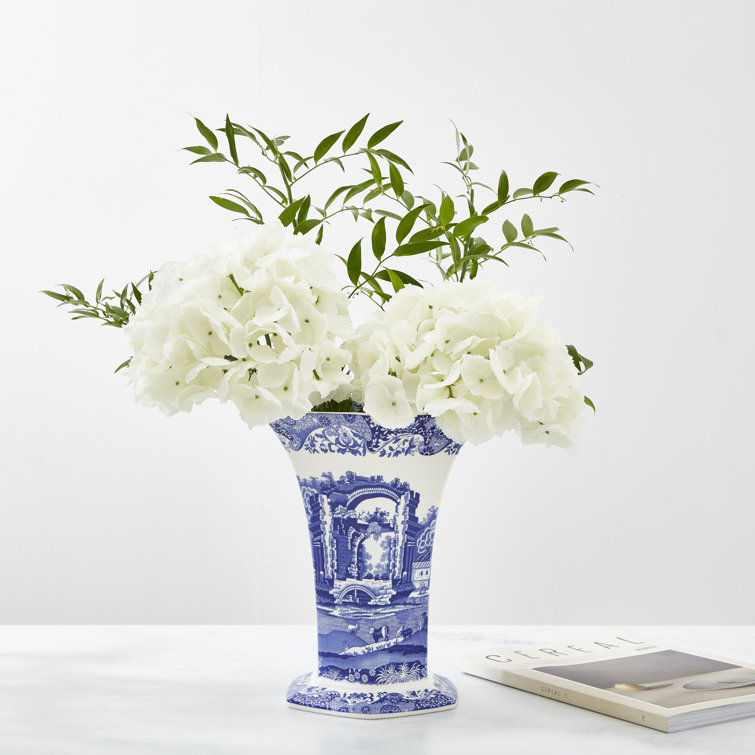 Hexagonal Blue Italian Porcelain Table Vase, 10" Geometric Design