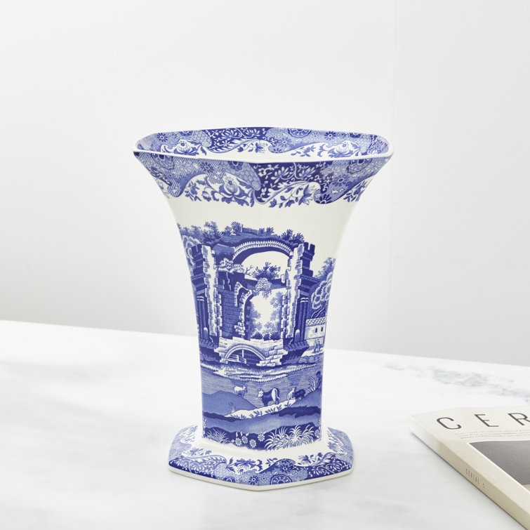 Hexagonal Blue Italian Porcelain Table Vase, 10" Geometric Design