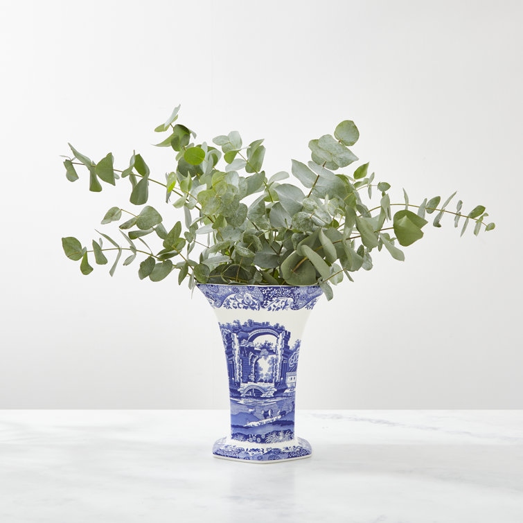 Hexagonal Blue Italian Porcelain Table Vase, 10" Geometric Design