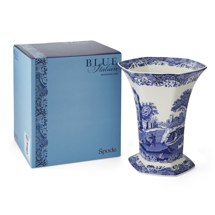Hexagonal Blue Italian Porcelain Table Vase, 10" Geometric Design