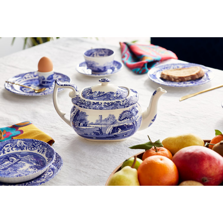 Blue and White Earthenware Teapot with Italian Countryside Design