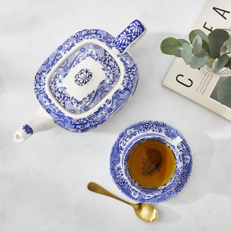 Blue and White Earthenware Teapot with Italian Countryside Design