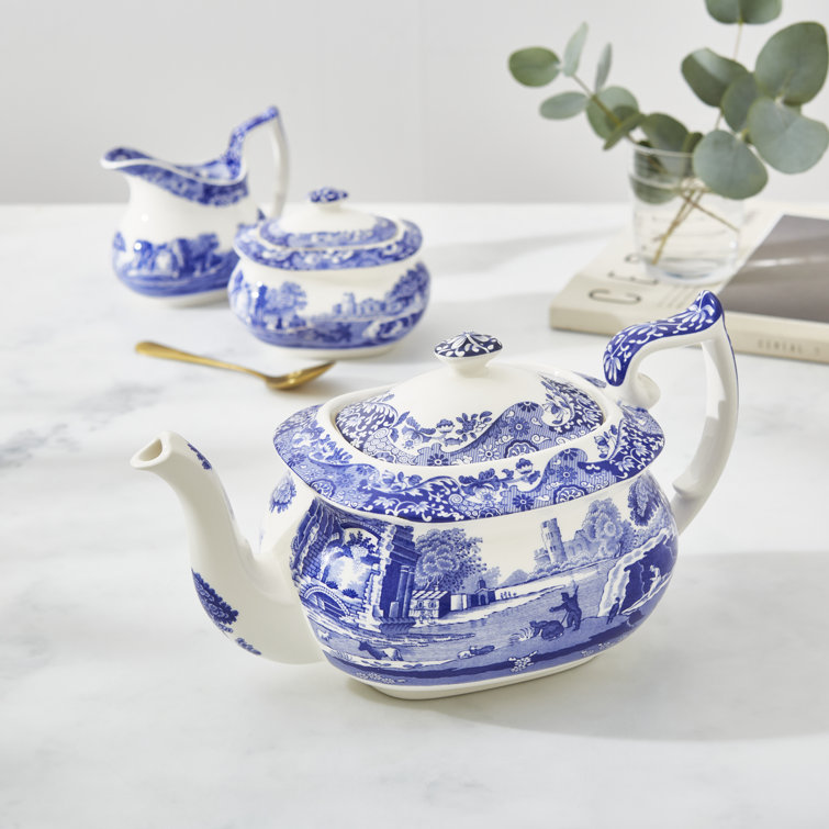 Blue and White Earthenware Teapot with Italian Countryside Design