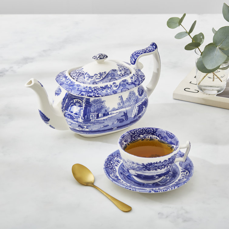 Blue and White Earthenware Teapot with Italian Countryside Design