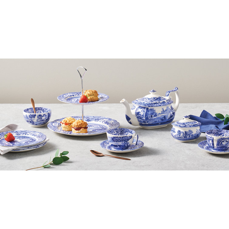 Blue and White Earthenware Teapot with Italian Countryside Design