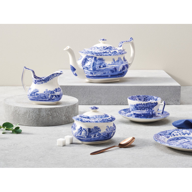 Blue and White Earthenware Teapot with Italian Countryside Design