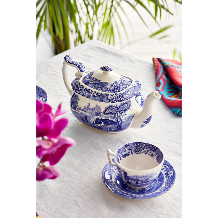 Blue and White Earthenware Teapot with Italian Countryside Design