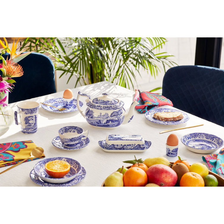 Blue and White Earthenware Teapot with Italian Countryside Design