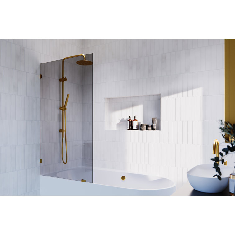 Ursa Frameless Gray Tinted Glass Bath Panel with Satin Brass Hardware