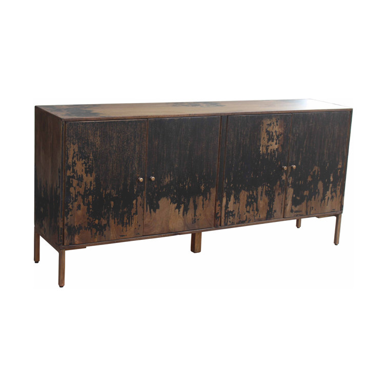 Black and Brown Solid Mango Wood Sideboard with Gold Hardware