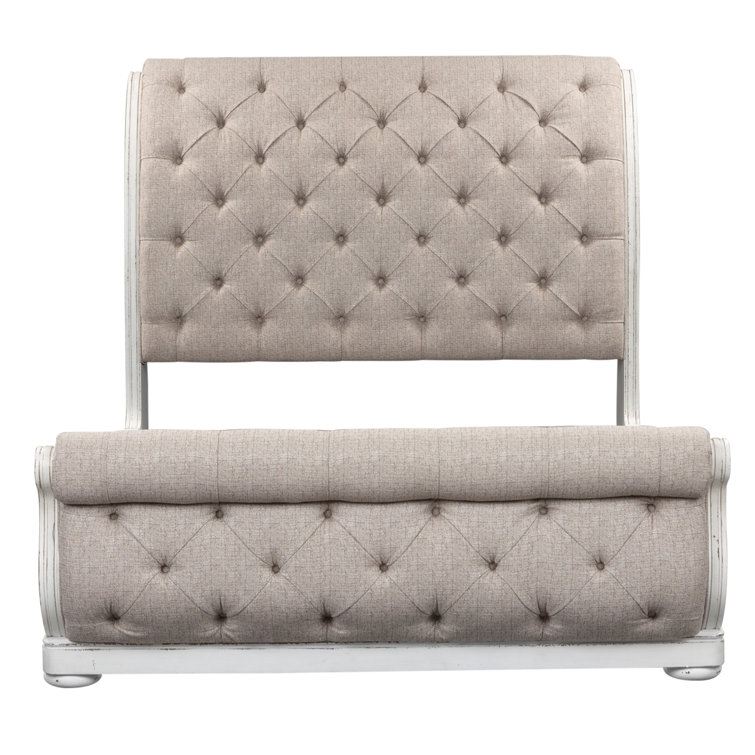 Beige Oak Queen Sleigh Bed with Tufted Upholstered Headboard