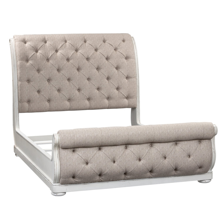Beige Oak Queen Sleigh Bed with Tufted Upholstered Headboard