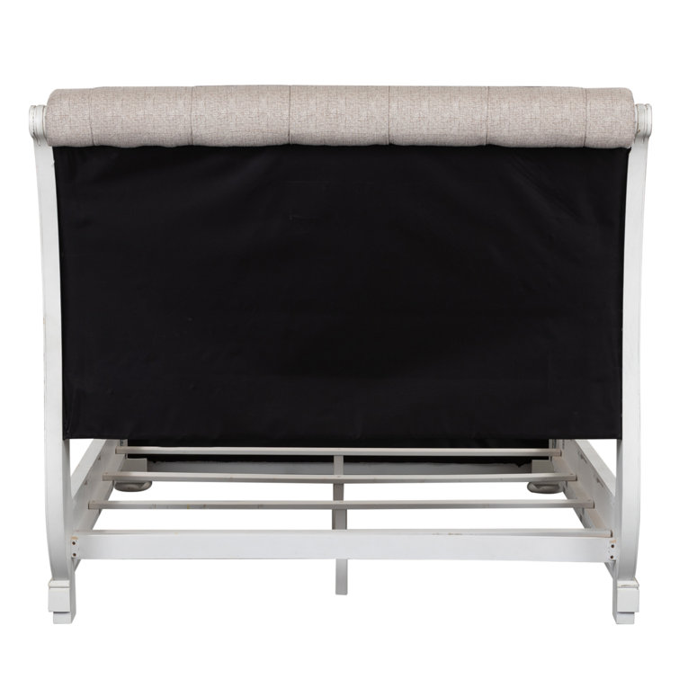 Beige Oak Queen Sleigh Bed with Tufted Upholstered Headboard