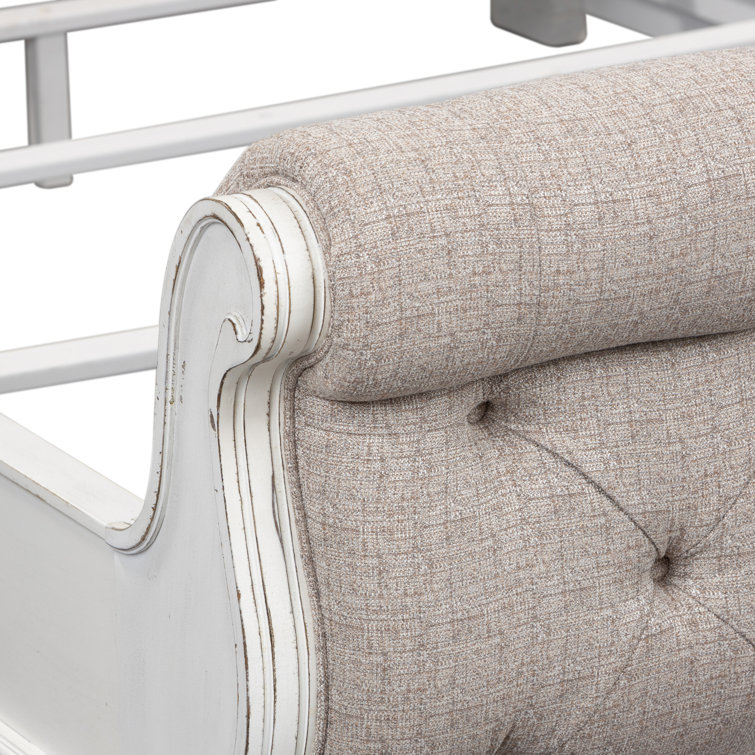 Beige Oak Queen Sleigh Bed with Tufted Upholstered Headboard